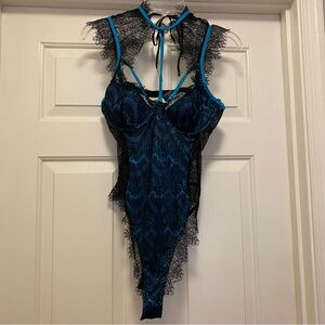 Dreamgirl Elegant Black and Blue Lace Bodysuit, size L